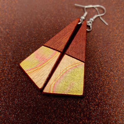 Wooden drop earrings with variegated gold foil